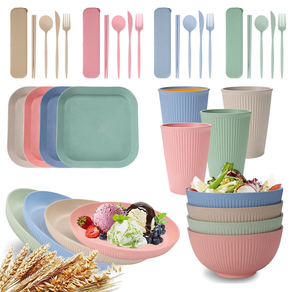 Hoidokly Wheat Straw Dinnerware Sets, 36PCS Reusable Unbreakable Dinnerware Set, Lightweight