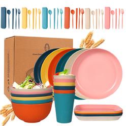 Hoidokly 54PCS Wheat Straw Dinnerware Sets, Reusable Unbreakable Dinnerware Set, Lightweight Camping Plates Cups and Bowls Set f