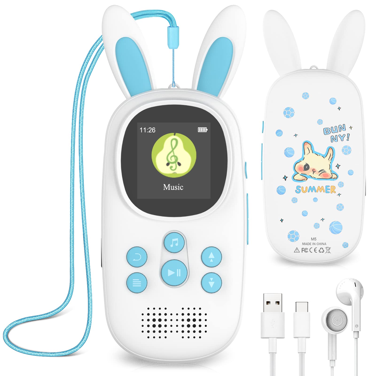 ChenFec 16GB Music MP3 Player for Kids, Cute Bunny Kids Music MP3 Player with Bluetooth, MP3 & MP4 Players with Speaker, MP3 Player with