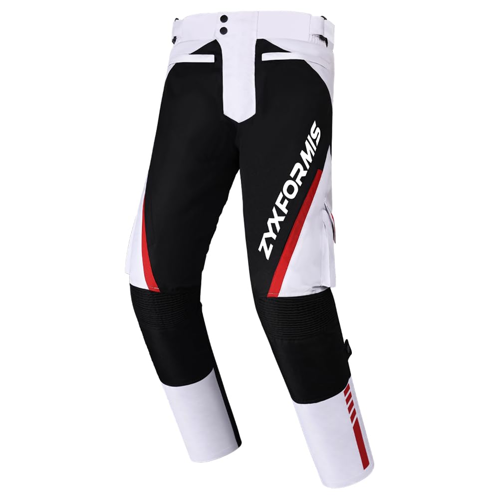 Zyxformis Mens Motorbike Protective Trousers Waterproof Pants Windproof Removable CE Armour Biker Pant with Removable Cotton Lining White