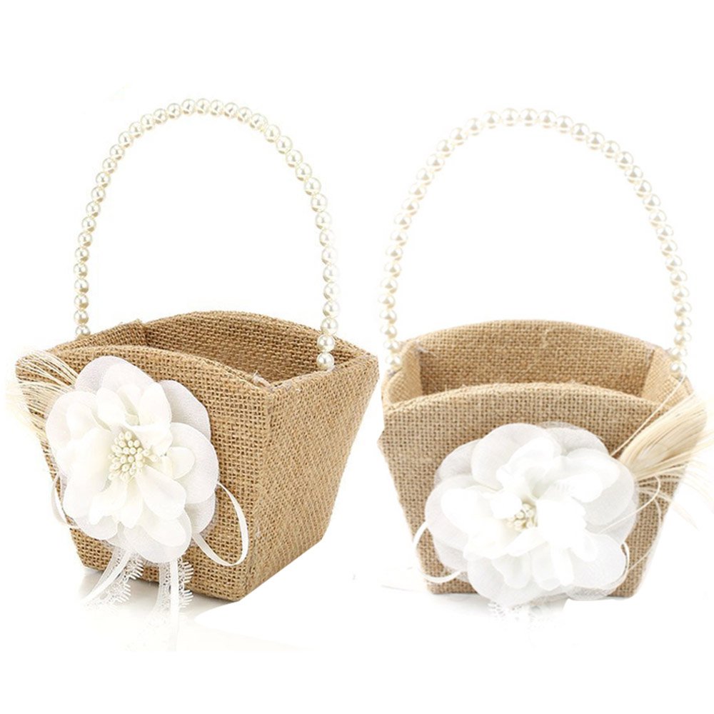 Bodosac 2PCS Burlap Flower Girl Basket Pearl Handle For Vintage Rustic Wedding CeremonySmall