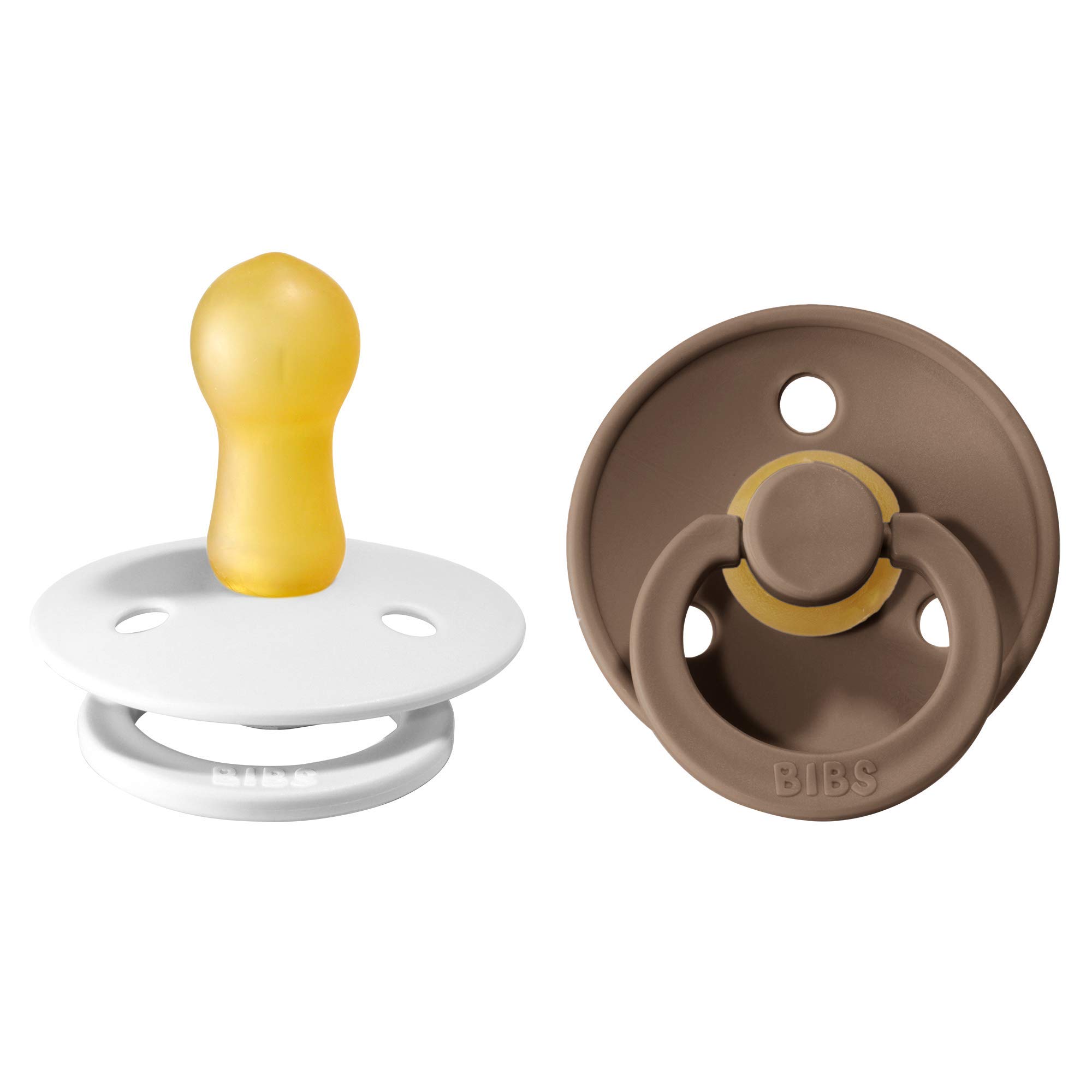 BIBS Pacifiers  Natural Rubber Baby Pacifier  Set of 2 BPA-Free Soothers  Made in Denmark  White/Dark Oak  Size 6-18 Months