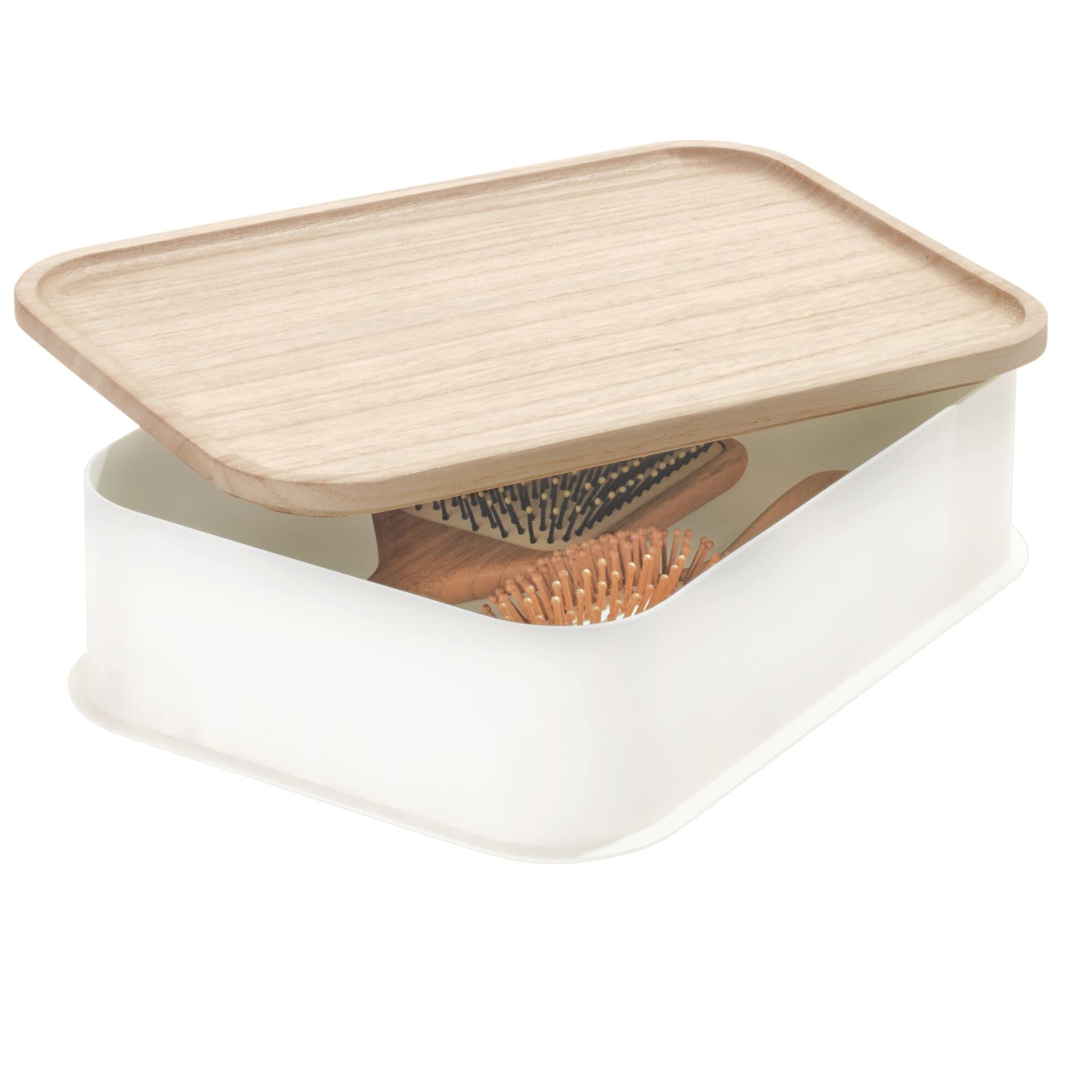 iDesign Recycled Plastic Medium Storage Bin with Paulownia Wood Lid