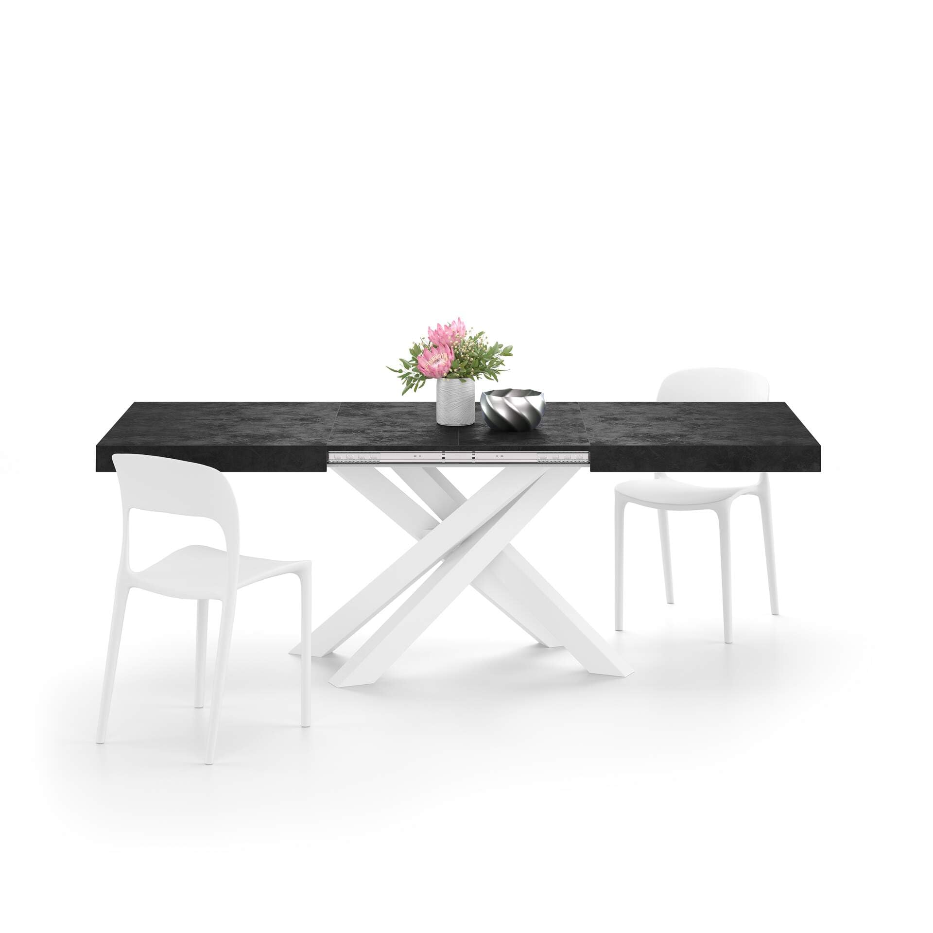 Mobili Fiver, Emma 55.1 in, Extendable Dining Table, Concrete Black with  White Crossed Legs, Made in Italy