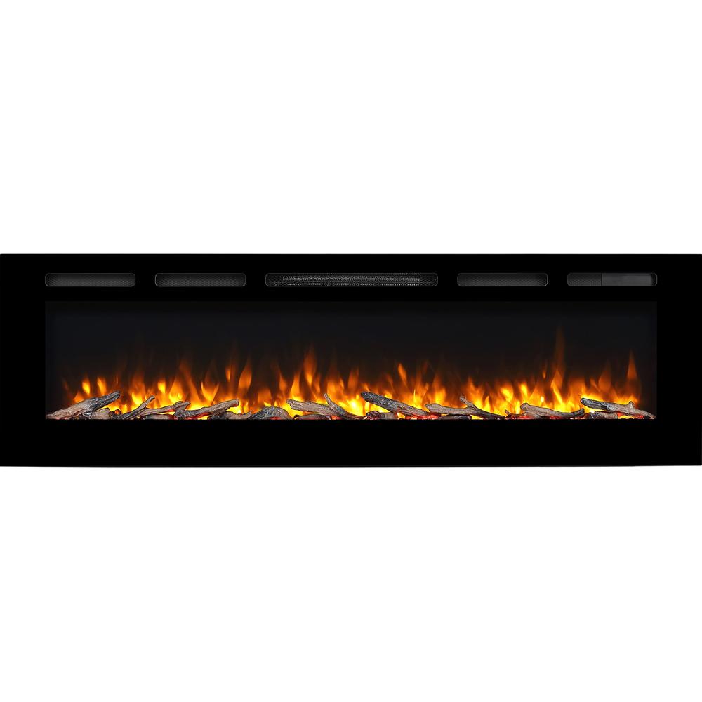 PuraFlame Alice 68 Inches Recessed Electric Fireplace, Flush Mounted for 2 X 6 Stud, Log Set & Crystal, 1500W Heater, Black
