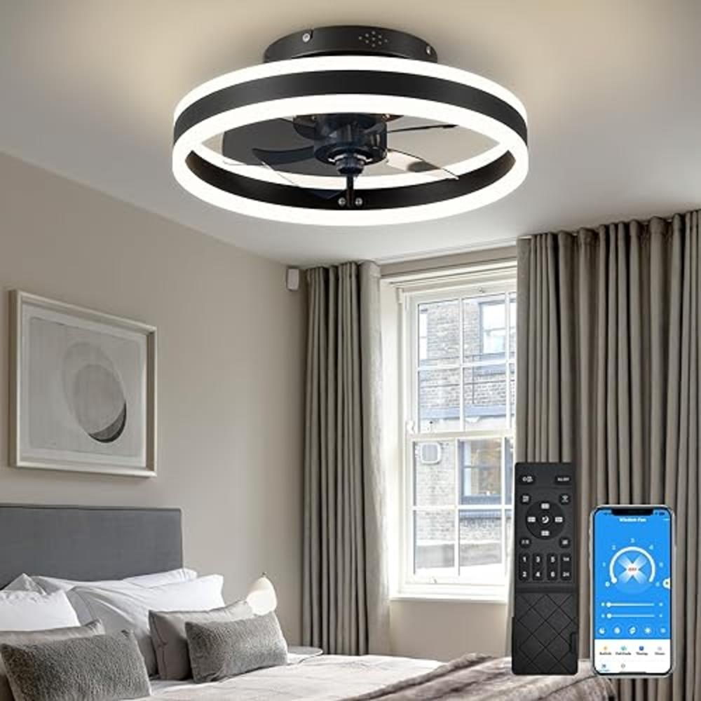 GOSONKT Low Profile 15.7" LED Small Ceiling Fan with Light - Modern, Semi-Enclosed Flush Mount, Smart APP & Remote Control, 6-Sp