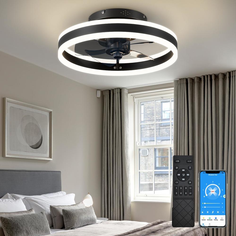 GOSONKT Low Profile 15.7" LED Small Ceiling Fan with Light - Modern, Semi-Enclosed Flush Mount, Smart APP & Remote Control, 6-Sp