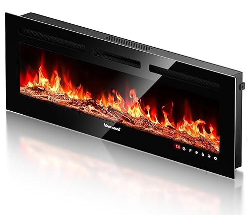 VISVEIL Electric Fireplace 50Inch,Realistic Flame Electric Fireplace Heater,Log Set/Crystal Flames 750-1500W with Timer Inserts/