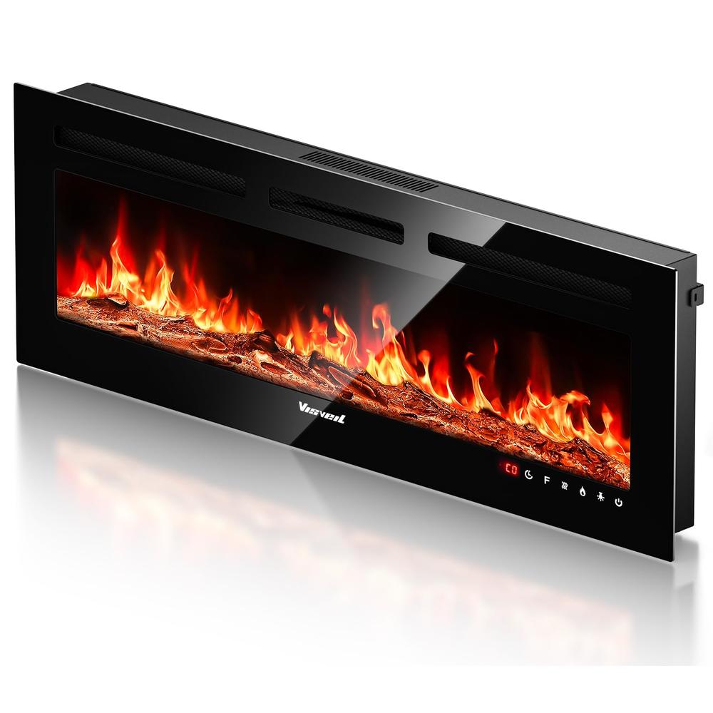 VISVEIL Electric Fireplace 50Inch,Realistic Flame Electric Fireplace Heater,Log Set/Crystal Flames 750-1500W with Timer Inserts/