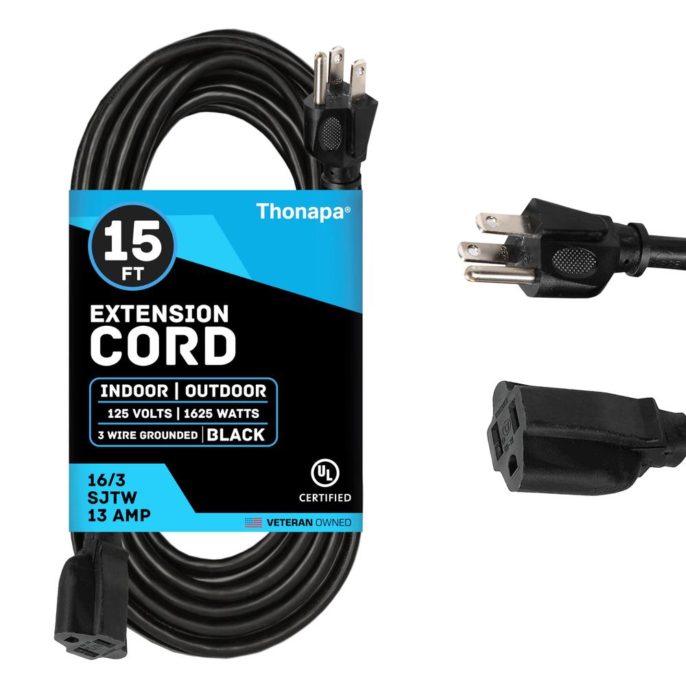 Thonapa 15 Ft Black Outdoor Extension Cord - 16/3 SJTW Weatherproof Water Resistant Electrical Cable with 3 Prong Grounded Plug 
