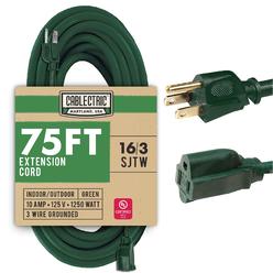 Cablectric Outdoor Extension Cord 75 Ft with 3 Prong, 16/3 SJTW Weatherproof Green Extension Cord 75 Foot, Long Power Cord for C