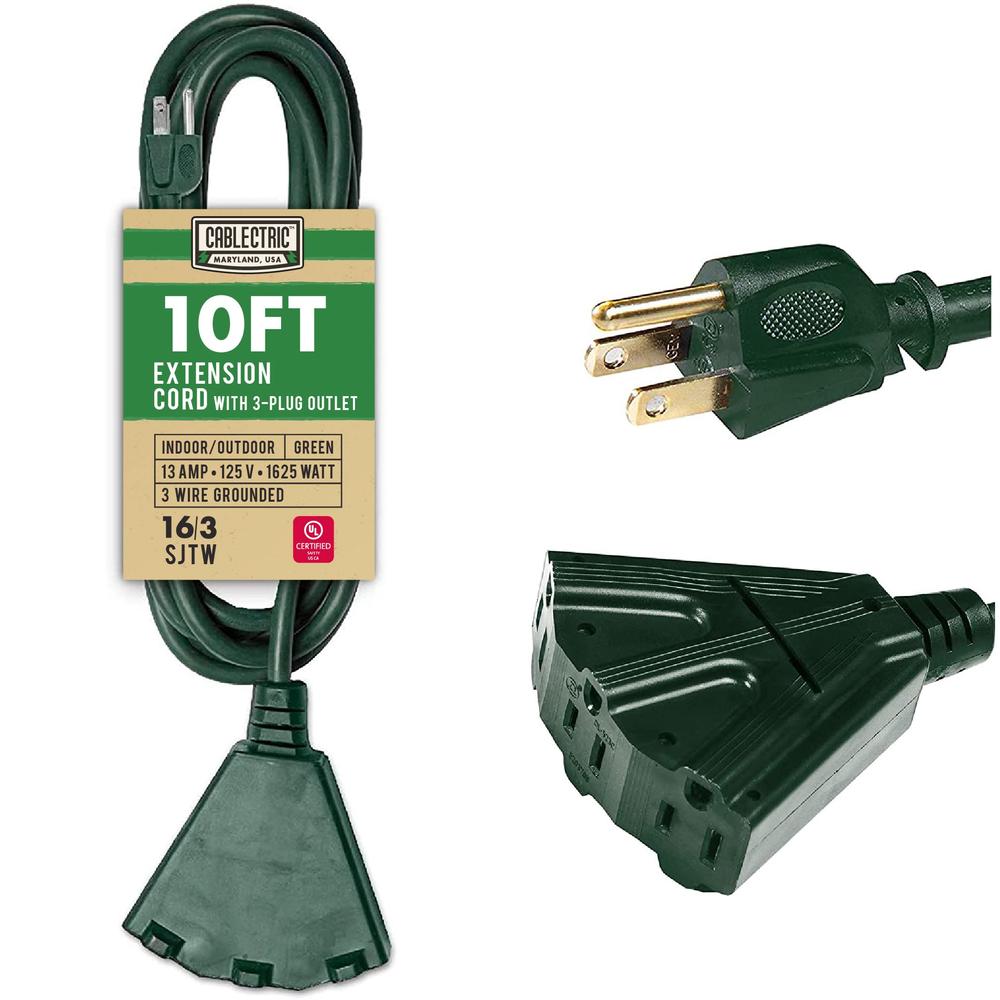 Cablectric Outdoor Extension Cord 10 Ft 3 Outlets, 16/3 SJTW Weatherproof Green Extension Cord with Multiple Outlets 3 Prong, 13