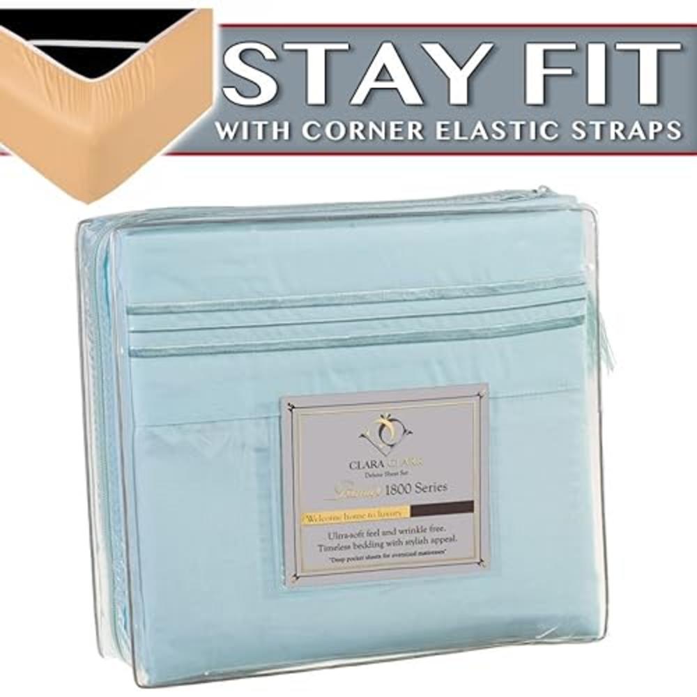 Clara Clark 1800 Series Bed Sheet Sets - Stay fit on Mattress with Elastic Straps at Corners - Full (Double), Light Blue Aqua