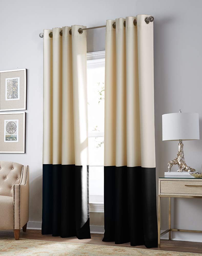 Curtainworks Kendall Color Block Grommet Curtain Panel, 84 inch(84"L x 52"W) , Cream/Black