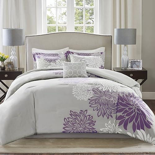 Comfort Spaces - CS10-0024 Enya 5 Piece Comforter Set Ultra Soft Hypoallergenic Microfiber Floral Print Bedding, King, Purple/Gr