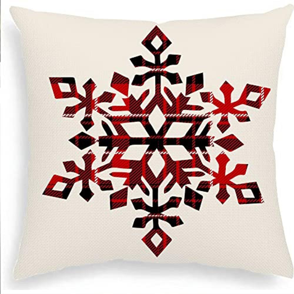 FJPT Christmas Snowflakes Throw Pillow Cover Xmas Beautiful Red Snowflakes Buffalo Check Plaids Linen Cushion Cover for Sofa Bed