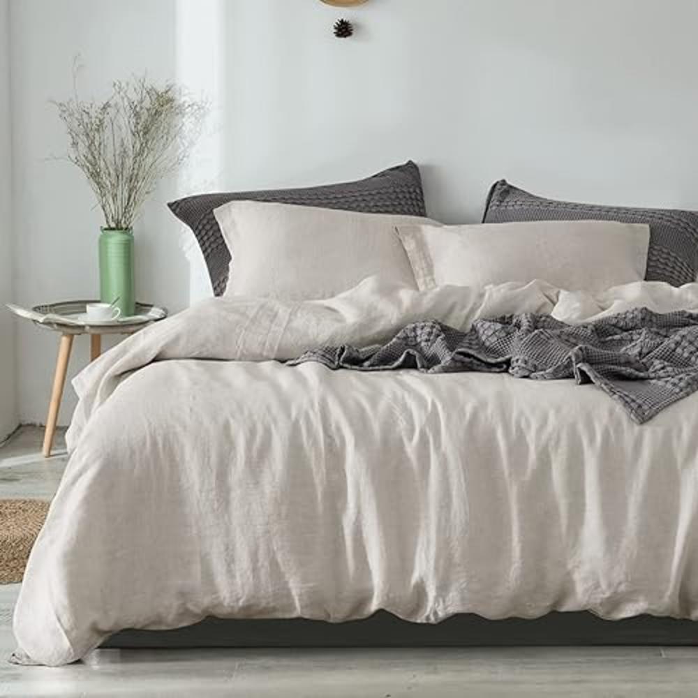 PHF 100% Linen Duvet Cover Set Queen, Washed Soft French Flax Linen Comforter Cover, Breathable Durable Cooling Duvet Cover for 
