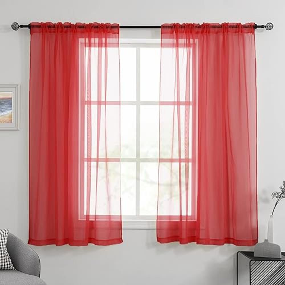 HUTO Christmas Red Sheer Curtains Window Drapes 2 Panels Rod Pocket Voile Sheer Panels Curtains 63 inches Long for Bedroom Livin