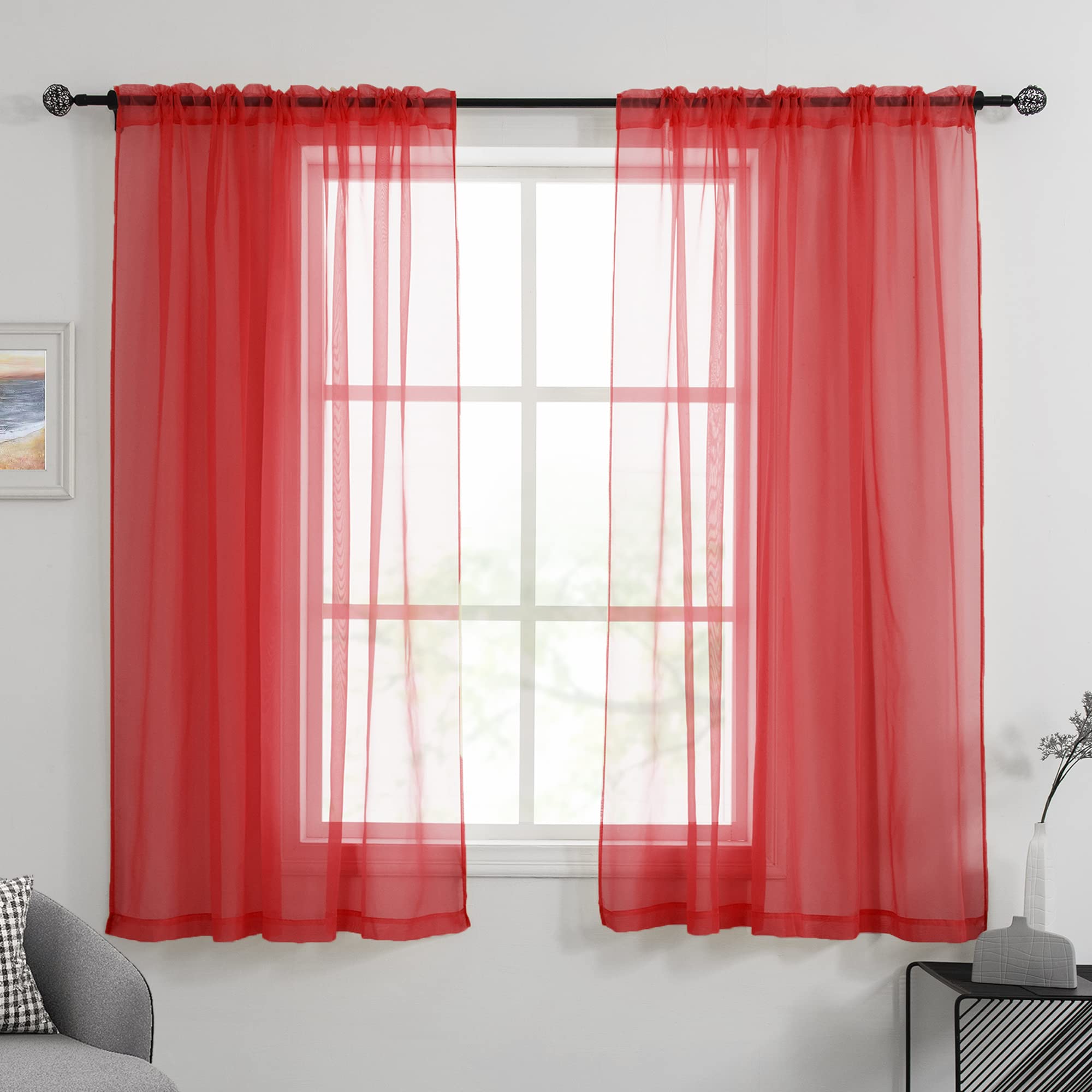 HUTO Christmas Red Sheer Curtains Window Drapes 2 Panels Rod Pocket Voile Sheer Panels Curtains 63 inches Long for Bedroom Livin