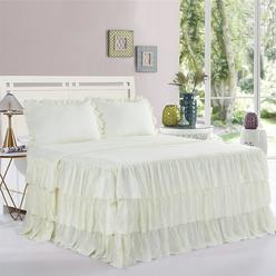 HIG 3 Piece Ruffle Skirt Bedspread Set King - Ivory Color 30 inches Drop Ruffled Style Bed Skirt Coverlets Bedspreads Dust Ruffl