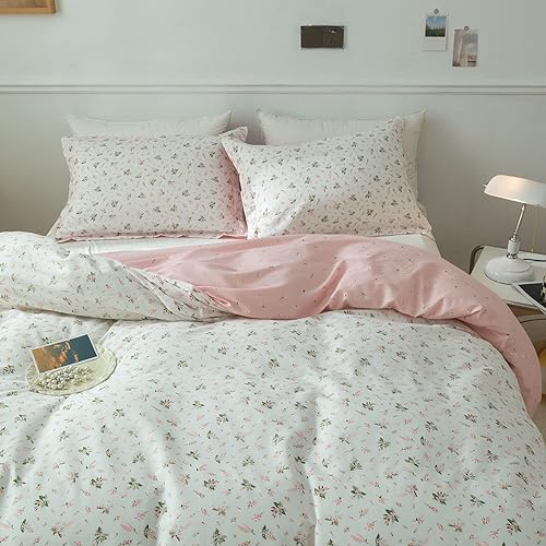 EAVD Vintage Style Garden Pink Floral Duvet Cover Queen 100% Cotton White Pink Floral Bedding Set for Girls Women Chic Shabby Bo