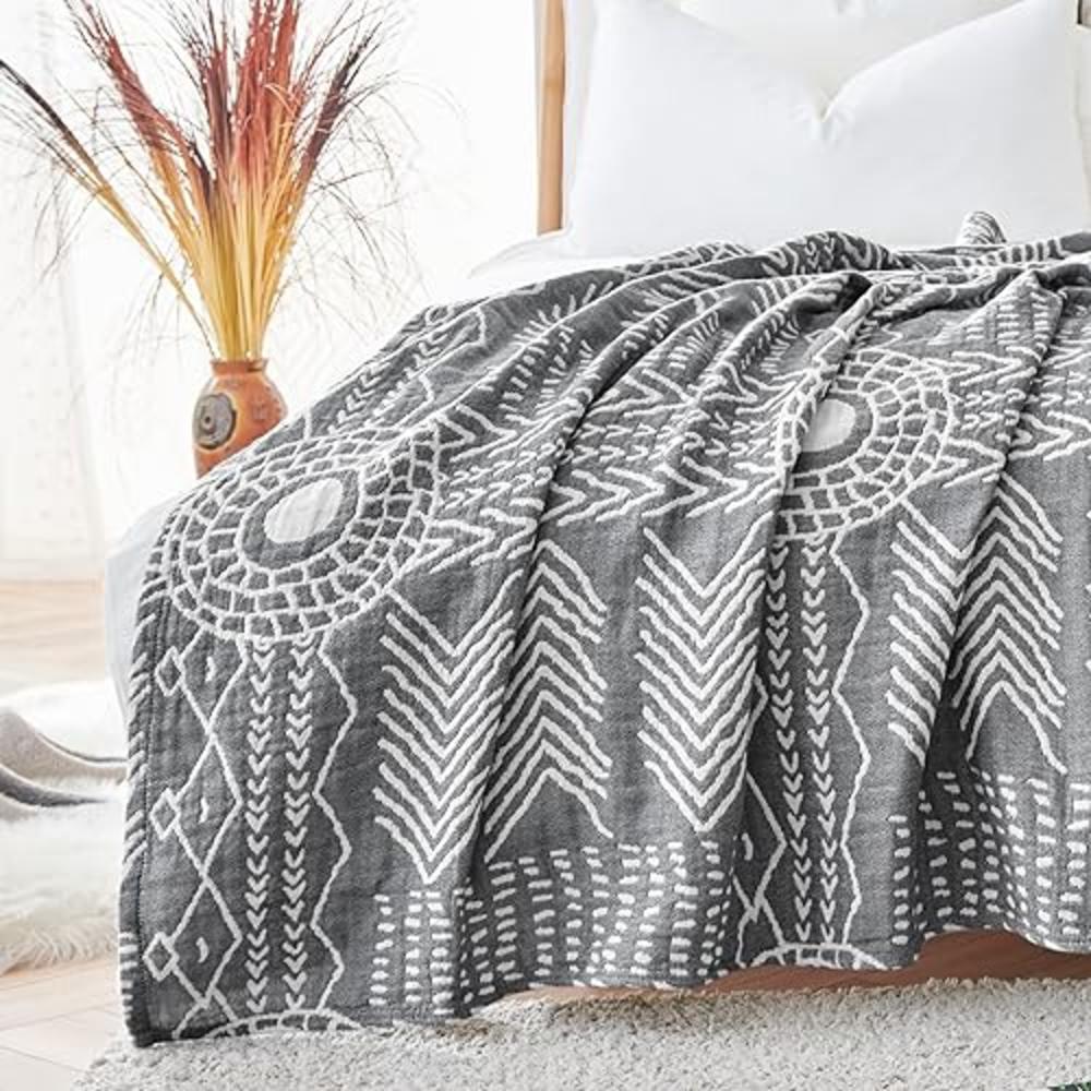 jinchan Boho 100% Cotton Blanket Fall Muslin Lightweight Twin Size Reversible Throw Blanket for Couch Soft Cozy All Season 3-Lay