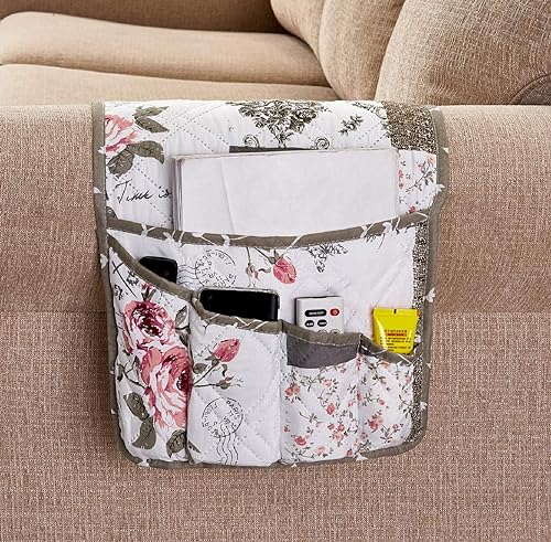 Brilliant Sunshine Rose and Toile Patchwork Sofa Armrest 5 Pockets Organizer,  Slip Resistant Couch Chair Armrest