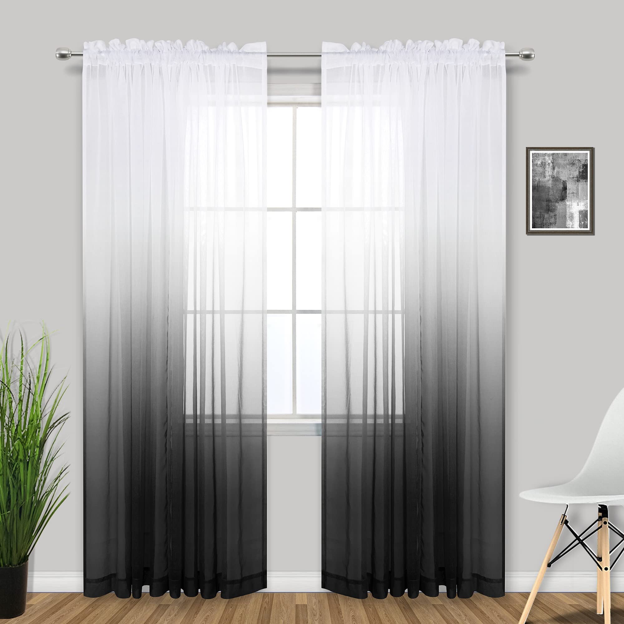 KOUFALL Modern Decorative Unique Faux Linen Ombre Semi Sheer White and Black Sheer Curtains for Living Room Bedroom Boys Room De