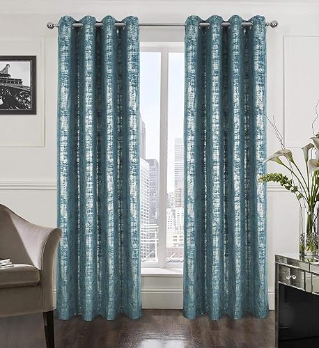 always4u Soft Velvet Curtains 84 Inch Length Luxury Bedroom Curtains Silver Foil Print Window Curtains for Living Room Set of 2 
