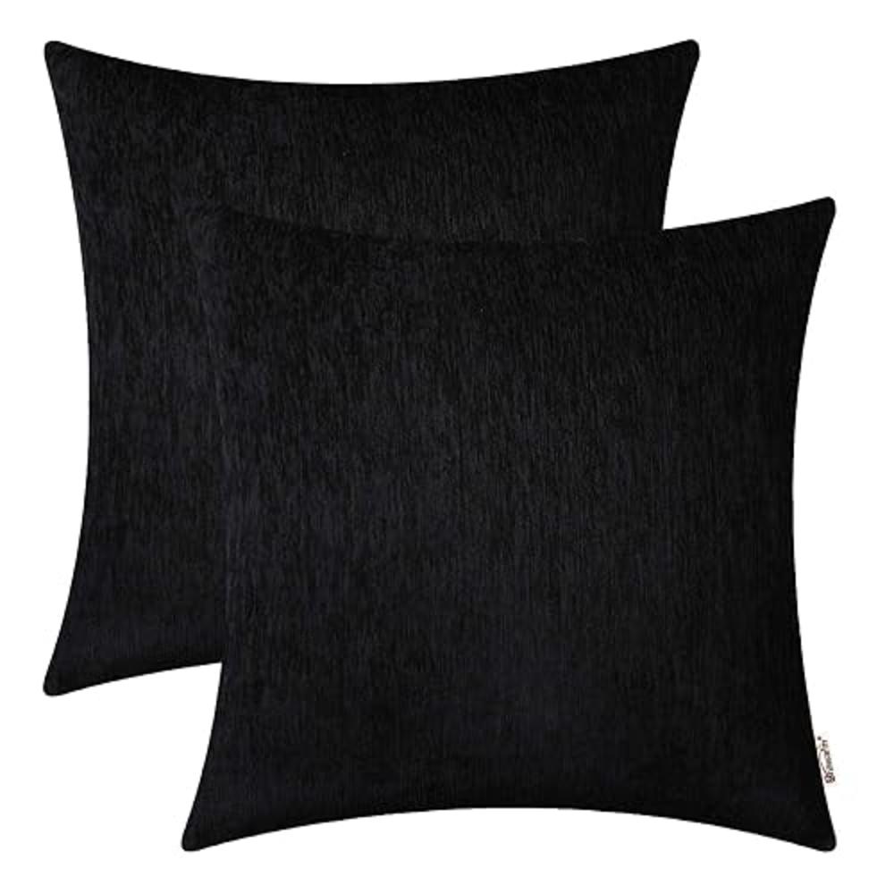 BRAWARM Chenille Throw Pillow Covers 16x16 Inches - Black Chenille Pillow Covers Pack of 2, Solid Dyed Soft Chenille Pillow Case