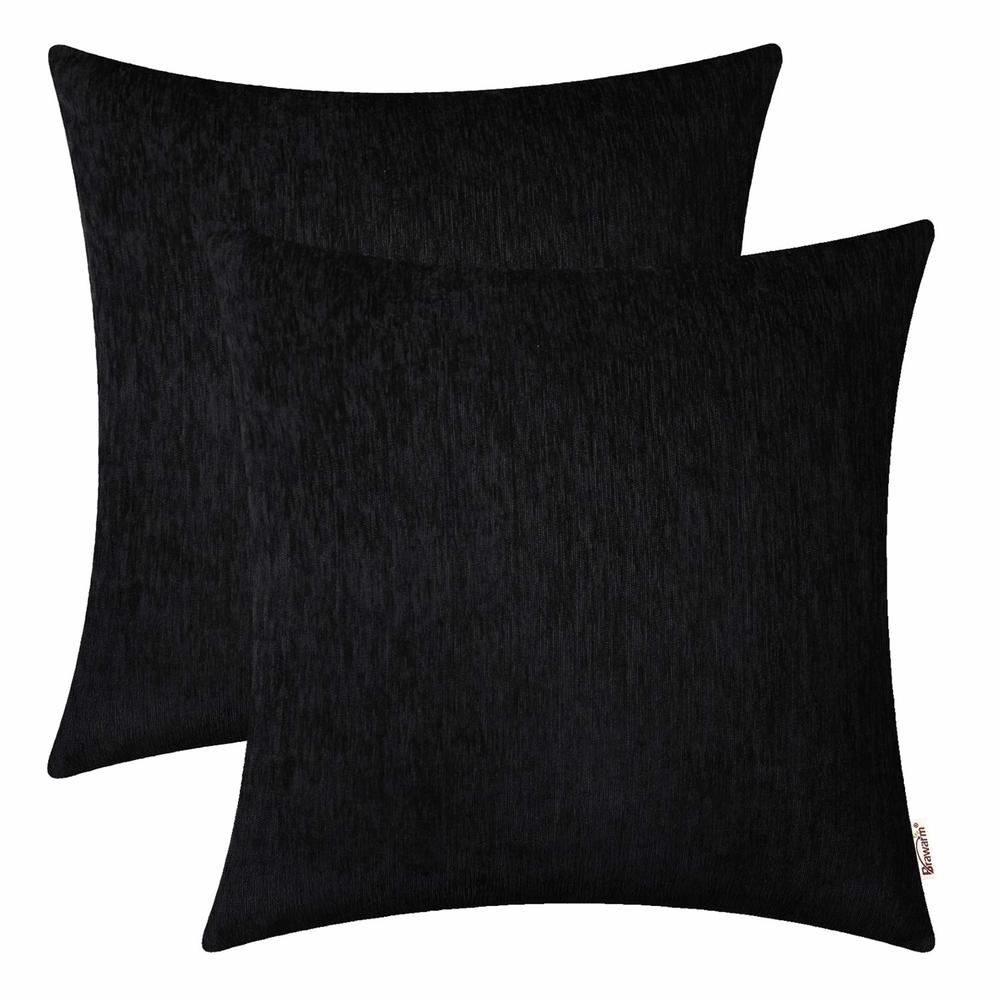 BRAWARM Chenille Throw Pillow Covers 16x16 Inches - Black Chenille Pillow Covers Pack of 2, Solid Dyed Soft Chenille Pillow Case