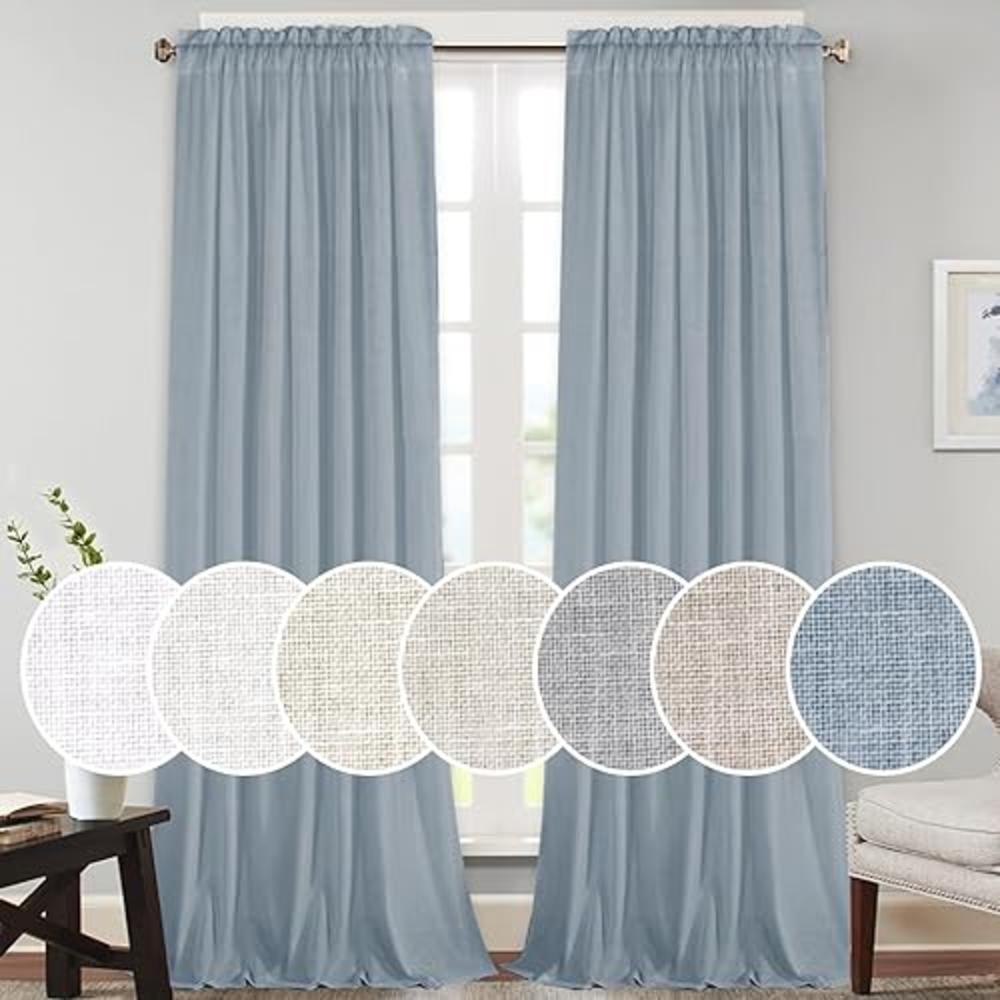 PrinceDeco Linen Curtains Natural Linen Blended Rod Pocket Panels Light Reducing Privacy Panels Drapes for Living Room Energy Saving Window
