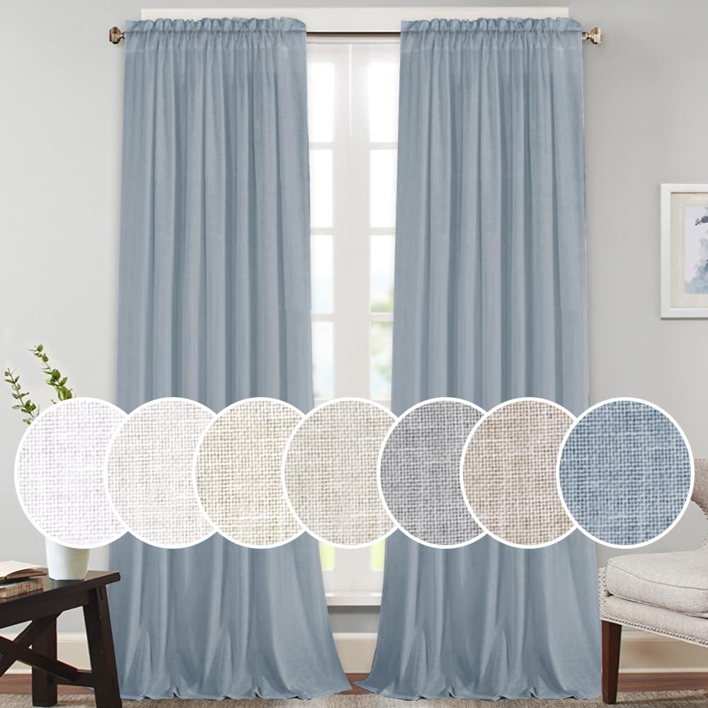 PrinceDeco Linen Curtains Natural Linen Blended Rod Pocket Panels Light Reducing Privacy Panels Drapes for Living Room Energy Saving Window