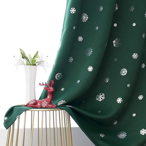 LORDTEX Snowflake Foil Print Christmas Curtains for Living Room and Bedroom - Thermal Insulated Blackout Curtains, Noise Reducin