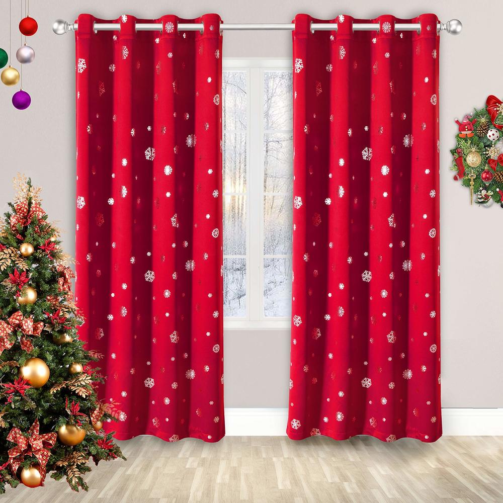 LORDTEX Snowflake Foil Print Christmas Curtains for Living Room and Bedroom - Thermal Insulated Blackout Curtains, Noise Reducin