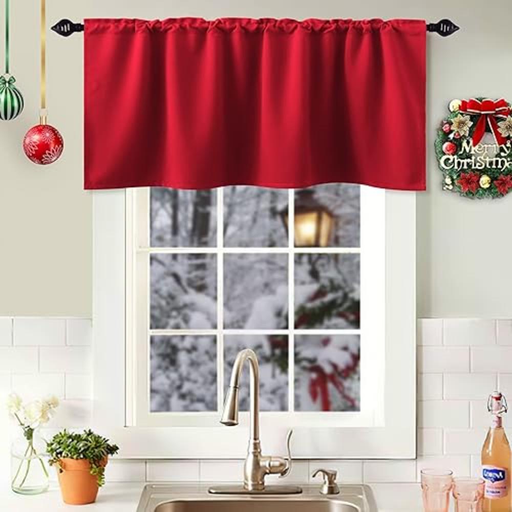 KOUFALL Red Christmas Curtains Valance for Kitchen Window,Holiday Decor Rod Pocket Blackout Curtain Valances for Living Room Bed