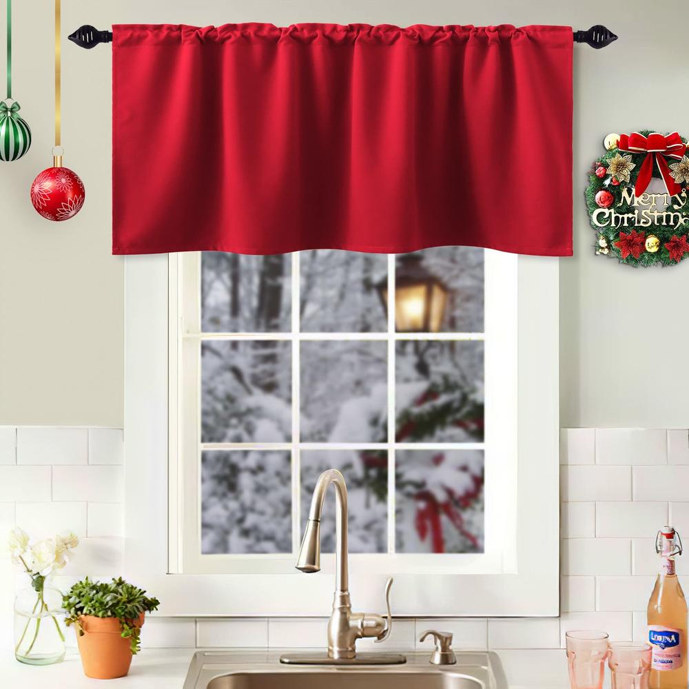 KOUFALL Red Christmas Curtains Valance for Kitchen Window,Holiday Decor Rod Pocket Blackout Curtain Valances for Living Room Bed