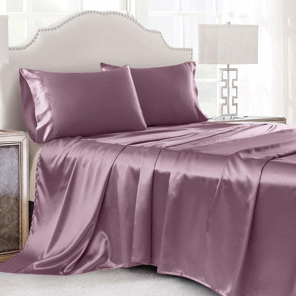 Cobedzy 4Pcs Satin Sheets Queen Silky Satin Sheet Set Lilac Purple Satin Bed Sheets with Deep Pocket Satin Fitted Sheet, Flat Sh