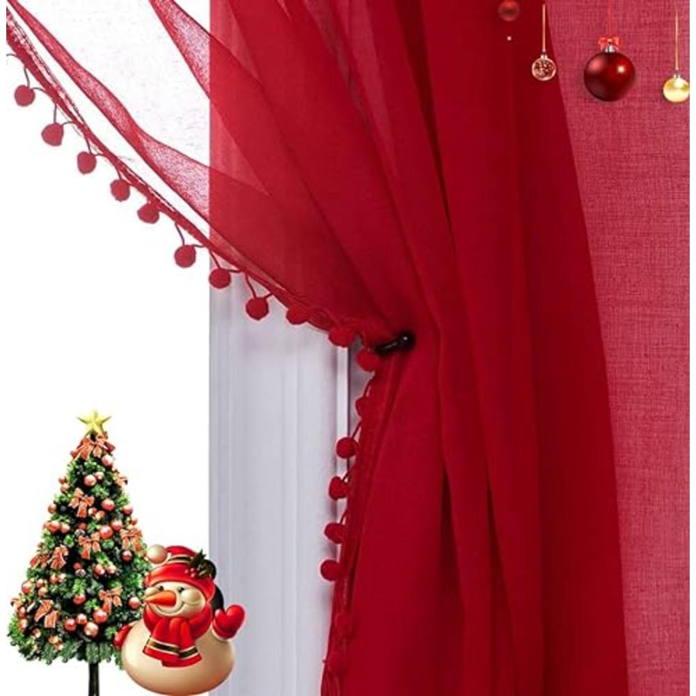 MISS SELECTEX Linen Look Pom Pom Tasseled Christmas Sheer Curtain - Rod Pocket Voile Semi-Sheer Curtains for Living and Bedroom,
