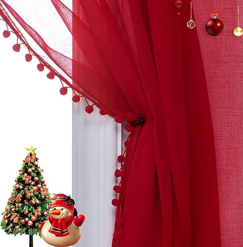 MISS SELECTEX Christmas Sheer Curtain Linen Look Pom Pom Tasseled Sheer Curtains - Rod Pocket Voile Semi-Sheer Curtains for Livi