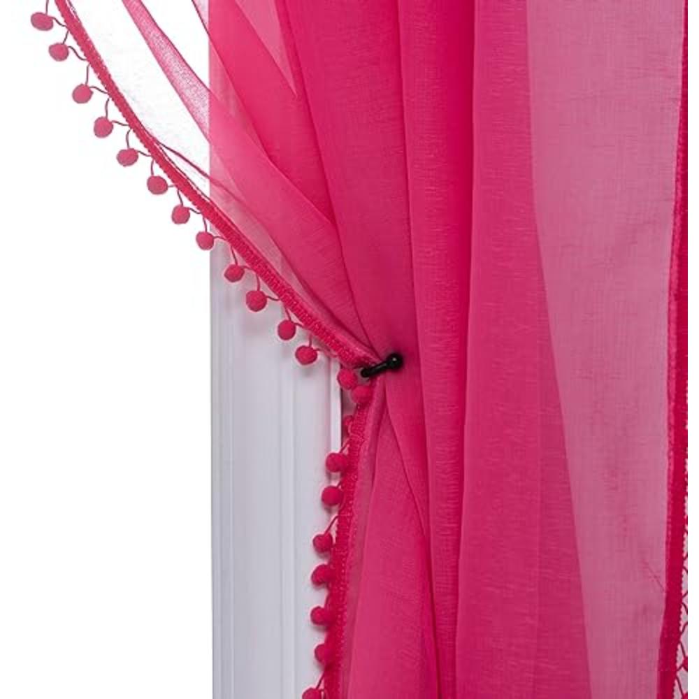 MISS SELECTEX Linen Look Pom Pom Tasseled Christmas Sheer Curtains - Rod Pocket Voile Semi-Sheer Curtains for Living and Bedroom