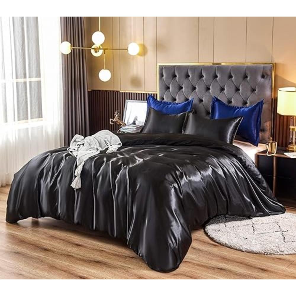 HOdo Home Satin Duvet Cover King Size, 3 Piece Silk Like Comforter Cover, Ultra Soft and Breathable Bedding Set with Zipper Clos