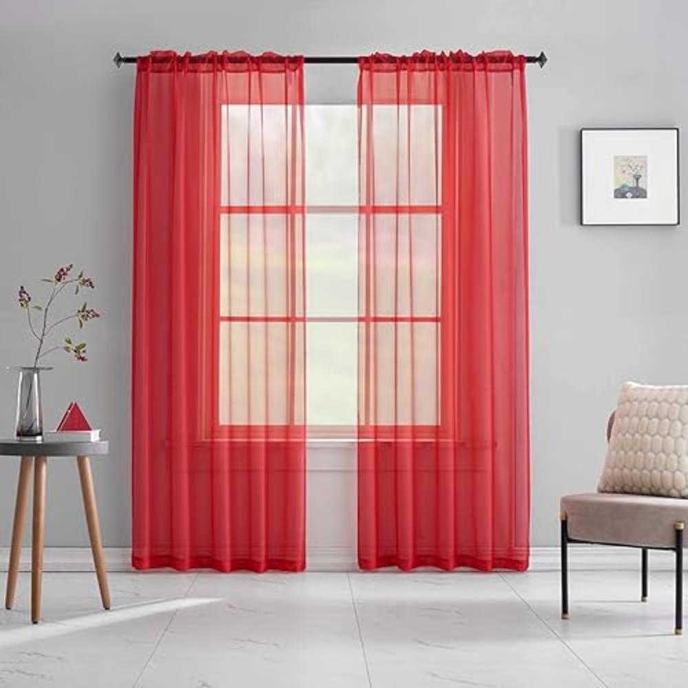 TOAVA DECO Red Curtains 108 Inches Long 2 Panels Rod Pocket Red Sheer Translucent Light Filtering Christmas Extal Long for Bedro