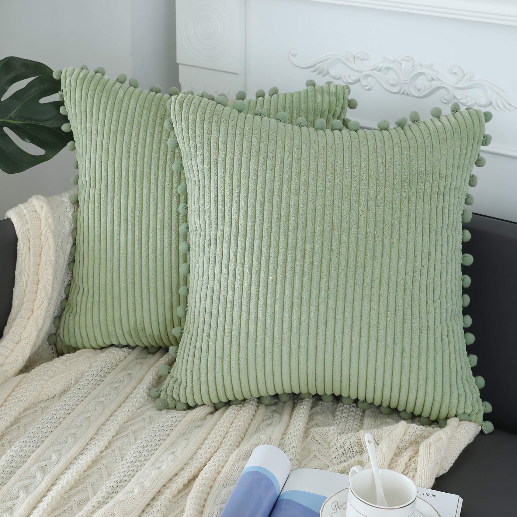 sykting Sage Green Throw Pillow Covers 20x20 inch Soft Striped Boho Farmhouse Decorative Pillow Covers with Pom Poms for Couch S