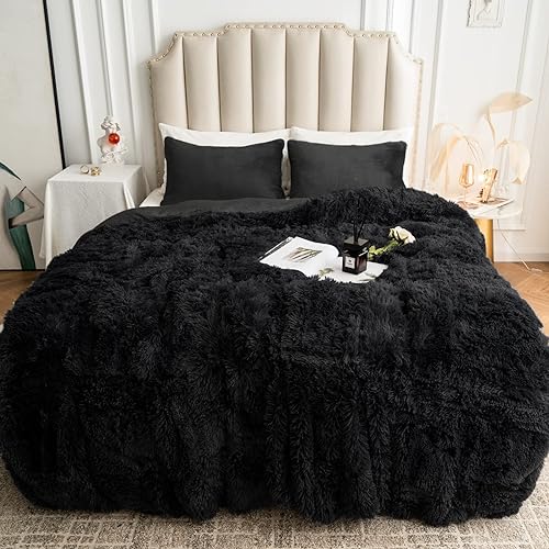 CHOSHOME Plush Shaggy Duvet Cover Twin Size, 3 PCS Fluffy Comforter Fuzzy Flannel Bedding Sets(1 Faux Fur Duvet Cover + 2 Pillow