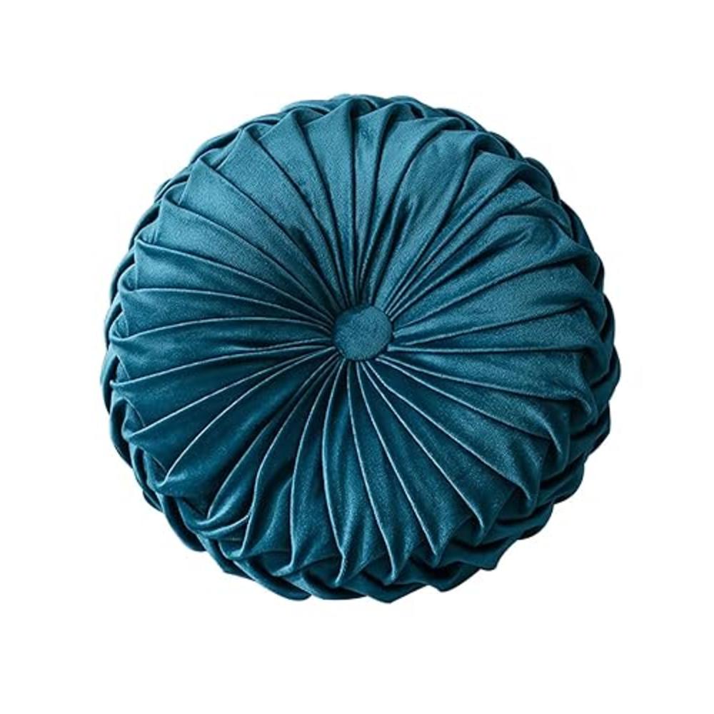 HLOVME Round Velvet Pillow for Couch Small Handmade Decorative Throw Pillow for Bed Bedroom 13.7” Dark Blue