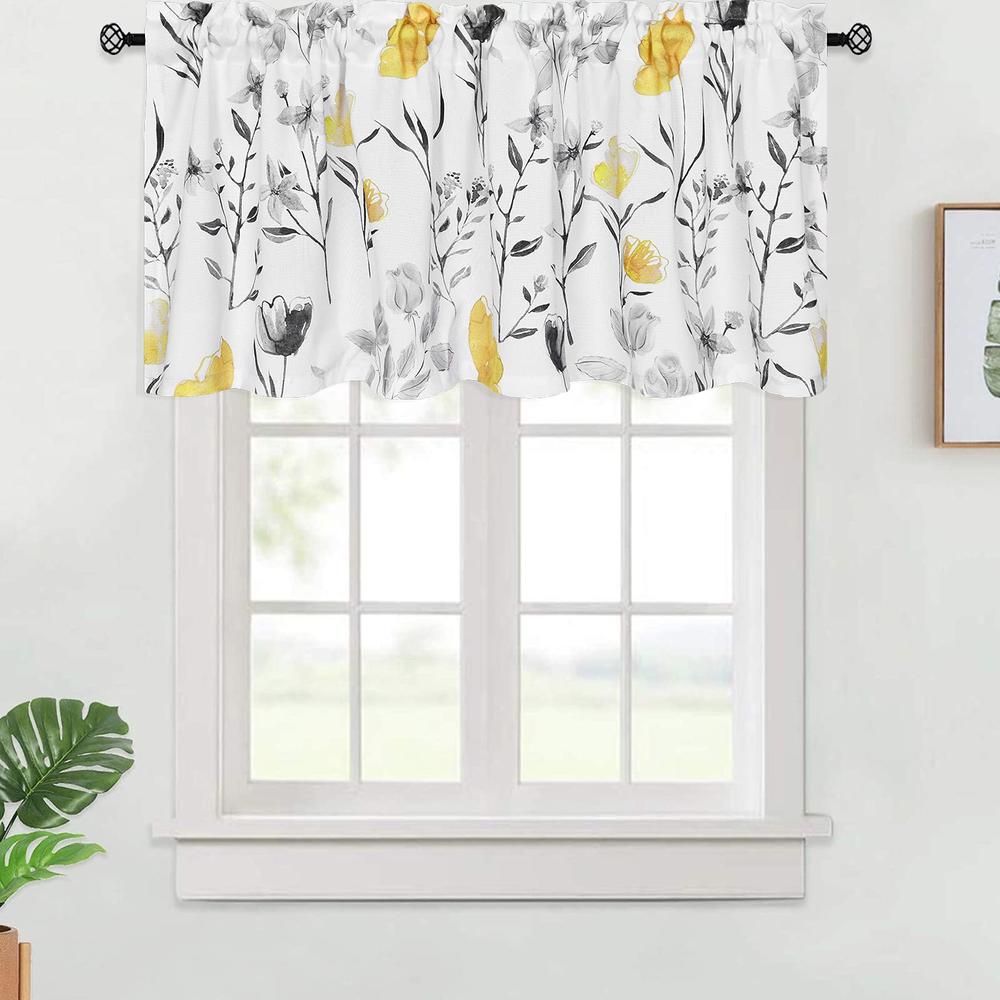 VERTKREA Valance Curtain, Yellow Flower Watercolor Valance for Window, Yellow Gray Floral Kitchen Curtains, Yellow White Rod Poc