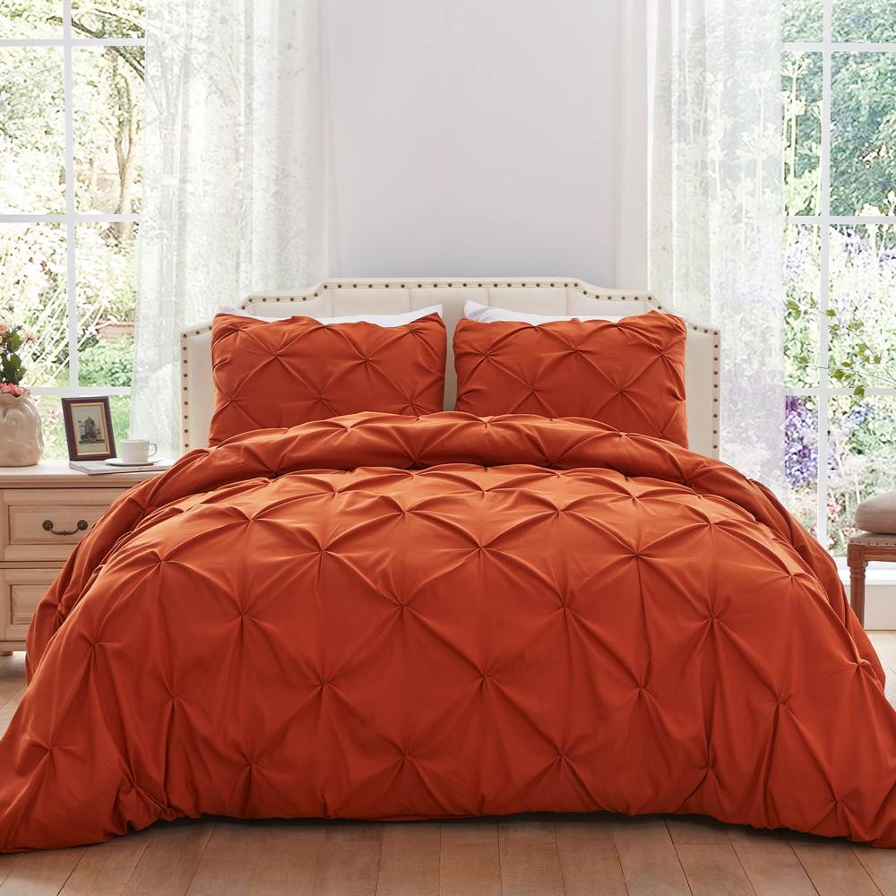 SunStyle Home Pinch Pleated Duvet Cover Rust 3 Pieces Duvet Covers Queen Size Soft Microfiber Luxury Duvet Cover with Zipper Clo