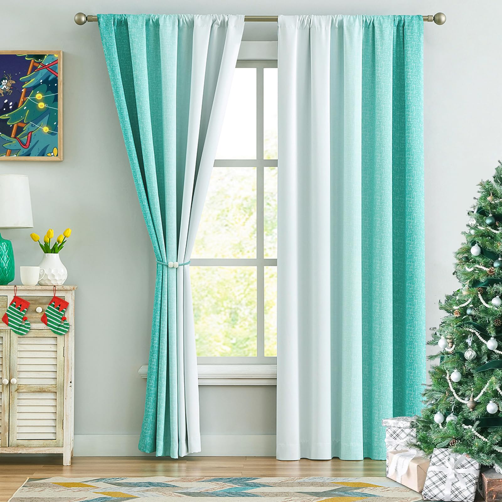 Geomoroccan Ombre Full Blackout Curtains 95 Inches Long, Teal and White Christmas Window Treatments for Bedroom Living Room, Lin