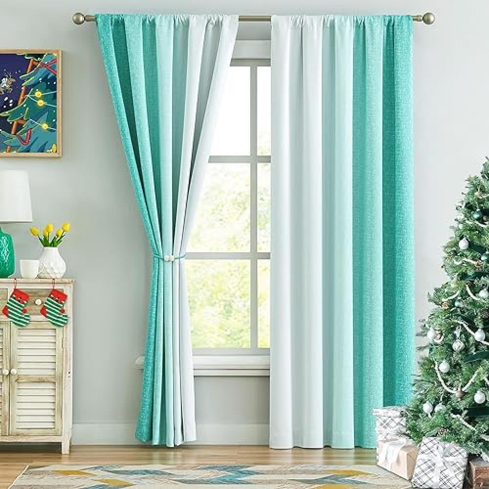Geomoroccan Ombre Full Blackout Curtains 63 Inches Length, Teal and White Christmas Window Treatments for Bedroom Living Room, L